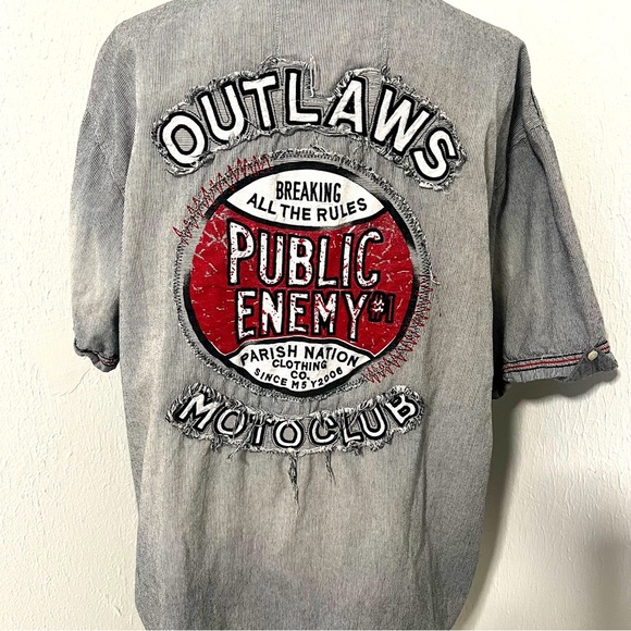 Parish Nation Mens Sz 2X Button Up, Outlaw Motoclub On Back Pinstripe Shirt - Picture 8 of 11